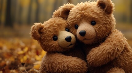 In a close-up moment, two toy bears share a tender hug in nature, portraying a sweet display of affection suitable for Valentine's Day or celebrating friendship.