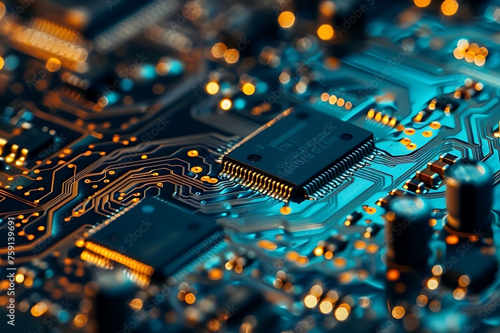 Aufkleber blue circuit board, 3d rendering of futuristic blue computer circuit board. generative ai