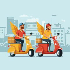 2d vector illustration A courier wearing a shirt is delivering a package mobile with location gps