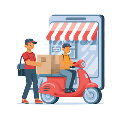 2d vector illustration A courier wearing a shirt is delivering a package mobile with location gps
