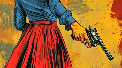 Vintage comic book style of an elegant long skirt female holding a revolver pistol - 759139858