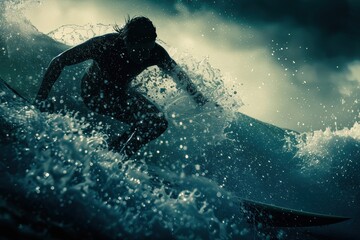 Dynamic Surfer Gliding on Cresting Wave at Twilight