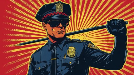 Vector illustration of police officer with baton stick in hand. Comic book.
