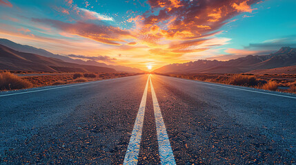 beautiful sun rising sky with asphalt highways road in rural scene use land transport and traveling background,backdrop - obrazy, fototapety, plakaty
