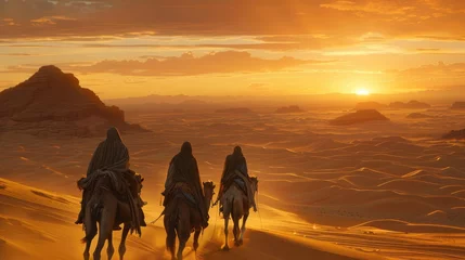 Foto op Plexiglas A breathtaking desert scene at sunset. Three figures are riding camels, trekking through the vast dunes towards the setting sun that paints the sky in vivid shades of orange - AI Generated Digital Art © Paul