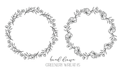 Hand drawn floral frame line art, Floral Wreath Greenery line drawing