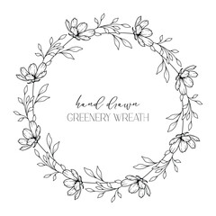 Hand drawn floral frame line art, Floral Wreath Greenery line drawing