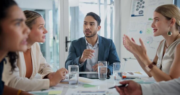 Business people, office and talking with frustrated in meeting and disagreement on communication of company performance. Manager, feedback and struggle to talk, conflict and blame for financial loss