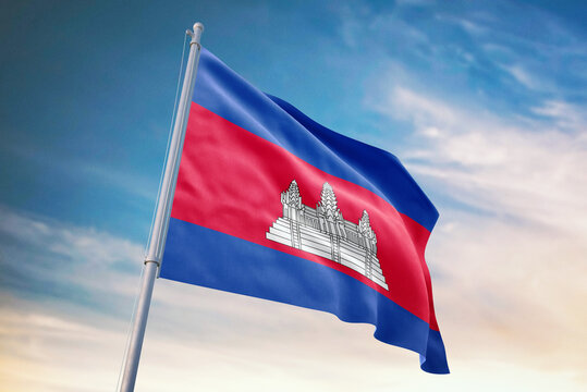 Waving flag of Cambodia in blue sky. Cambodia flag for independence day. The symbol of the state on wavy fabric.