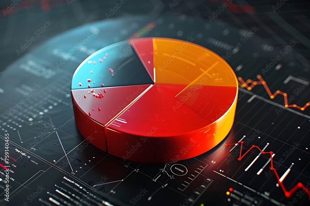 Poster big colorful data analytics pie chart report on a complex data background. infographic with graph an