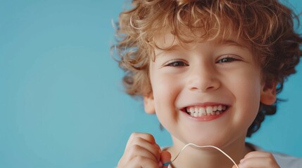 Happy child using dental floss to clean teeth - obrazy, fototapety, plakaty