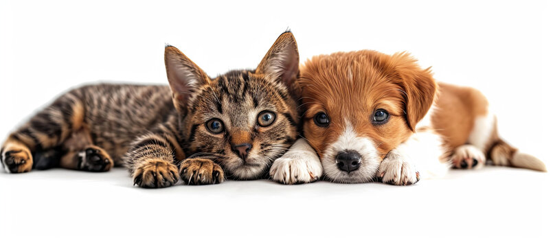Friendship between a cat and a dog, white background