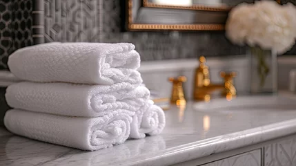 Fotobehang Clean soft white towels in the bathroom © Kateryna Kordubailo