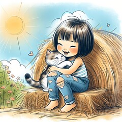 A young girl with a joyful expression is cuddling a kitten lovingly while sitting on a hay bale under a sunny sky.