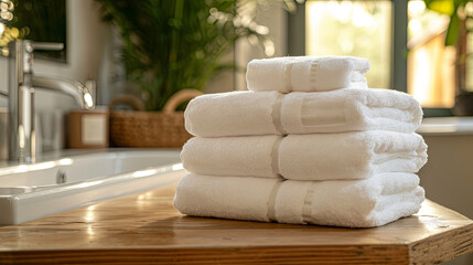 Fototapeta na wymiar Clean soft white towels in the bathroom