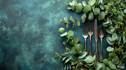 Cutlery on a dark emerald background with eucalyptus leaves