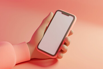 3d render of a hand holding a phone with white screen. Cartoon hand holding smartphone, mockup. Minimal scene with device on pastel background with copy space. screen phone template