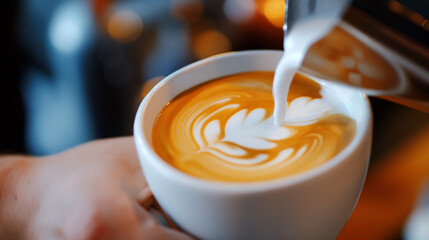 Professional barista pouring a steamed milk into a coffee cup making a latte art, closeup. Freshly brewed coffee with latte art in coffee shop. Delicious cup of cappuccino or a flat white - obrazy, fototapety, plakaty