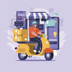 2d vector illustration A courier wearing a shirt is delivering a package mobile with location gps
