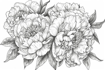 This image features a detailed black and white line drawing of peonies, designed for coloring.