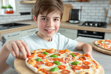 Boy with delicious pizza at table in kitchen