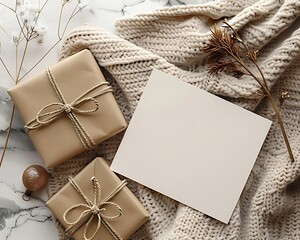 Cozy blank greeting card mockup. Minimalist product display. Cosy setting, mock-up template, stationery presentation, white greeting car, simple design, beige background. Gift box with ribbon.