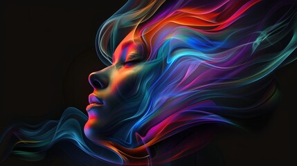Abstract beauty digital artwork of woman with colorful waves. Surreal portrait of female with vibrant flowing hair for modern design. Creative representation of woman face in neon lights and colors.
