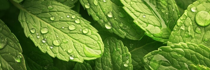 Background of green mint leaves, texture of aromatic healthy mint plants, banner - obrazy, fototapety, plakaty
