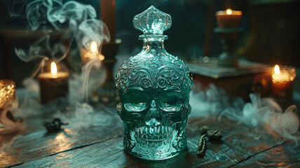 A skull-shaped ornate glass bottle with candles and smoke