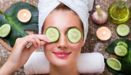 Obraz na płótnie Canvas Generated image of woman in spa with cucumber slices on her eyes