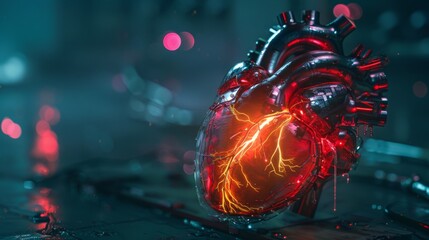 Glowing human heart 3D over dark background - obrazy, fototapety, plakaty