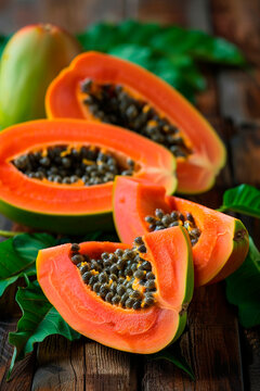 Papaya on a wooden background. Selective focus.