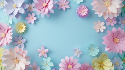 Pastel colored paper flowers on light blue backdrop for spring decorations. Handmade paper floral designs for DIY crafts and home decor.
