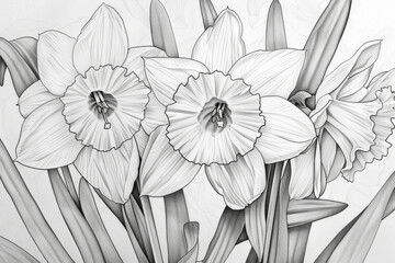his is a detailed black and white sketch of daffodils, suitable for coloring.