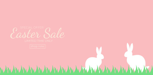 Happy Easter card with easter eggs garland and rabbit. Greetings and presents for Easter Day in flat lay styling. Promotion and shopping template. Vector illustration