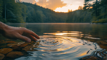Image of a hand touching lake water at sunset - obrazy, fototapety, plakaty