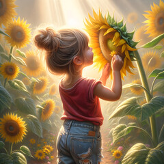 A young child with a bun hairstyle gently touches the petals of a large sunflower in a field of sunflowers. Rays of sunlight break through the foliage, creating a magical scene.