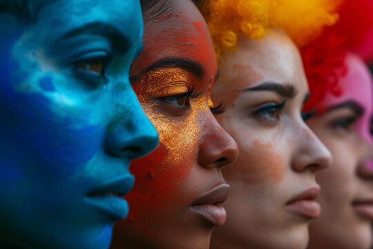 a group of women with different colored face paint