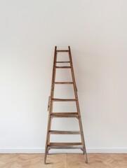 Wooden ladder leaning against a plain wall in a spacious room with wooden flooring, suggesting preparation for painting or decorating