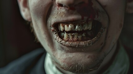 a man with metal stitches on teeth covered in dark red paint at the dentist,scary,

