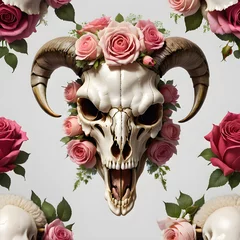 Fototapete Boho Festive bull or goat skull art with colorful flowers makes a unique Christmas decoration