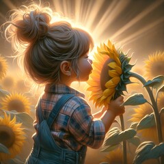 A young girl with her hair tied up in a bun is gently holding and looking closely at a sunflower amidst a field of sunflowers bathed in golden sunlight.