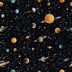 Space pattern with seamless planets and stars, black background. Space pattern vector illustration.