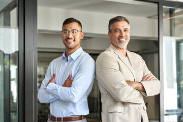 Portrait of two happy business men, confident professional executive leaders partners work team,...