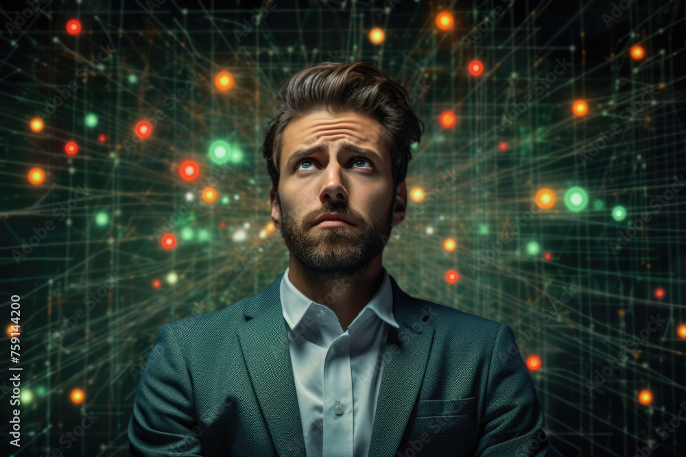 Poster tech analyst study cyber data chart from corporate system for statistical analytic defining marketin