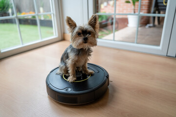 dog sitting on Robot Vacuum Cleaning