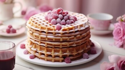 Delicious homemade breakfast waffles topped with fresh raspberries and whipped cream