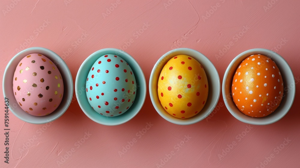 Poster a row of painted eggs sitting in bowls on top of a pink surface with a polka dot design on one of th