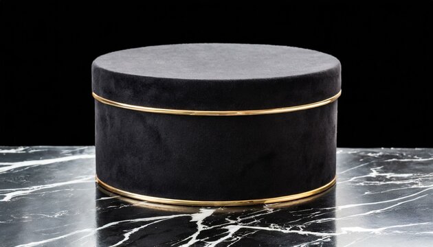 caixa de presente preta suave com detalhes dourados sobre base de m&aacute;rmore