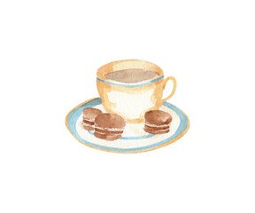 Cup of tea with saucer and macaroons - watercolor hand drawn illustration, isolated dring dessert sweet